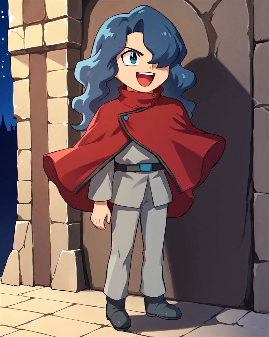 score_9, score_8_up, score_7_up, source_anime, highly detailed,  <lora:Tobias__Takuto_タクト_-_Pokemon_ポケモン:0.8> Tobias (Pokemon), red cape, dark blue hair, hair over one eye, blue eyes, long hair, wavy hair, solo, 1boy, upper body, shadows, shadow, darkness, dark, evil, dark castle, outdoors, night sky, night, laugh, laughing, open mouth, grey tunic, chibi, full body, shoes, grey tunic