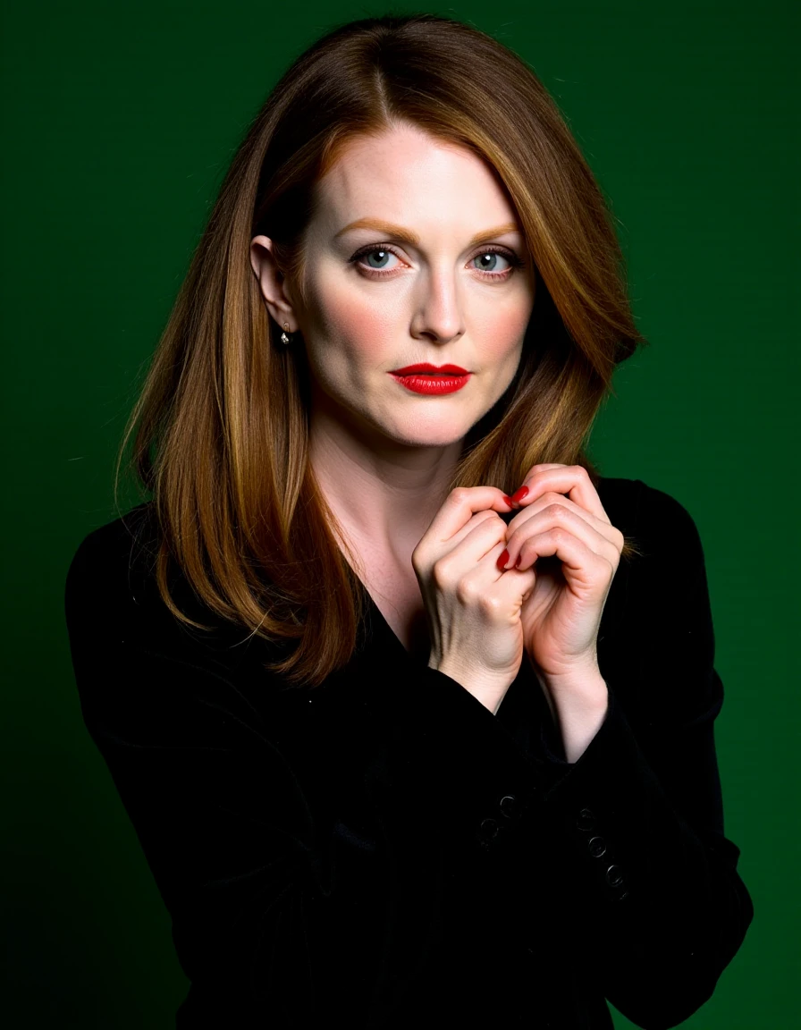 This is a high-resolution photograph of a young woman with a fair complexion and long, wavy, light brown hair. Her hair cascades down her shoulders and partially covers her face, adding a sense of depth and texture to the image. She has striking blue eyes, accentuated with subtle makeup, including dark eyeliner and bold red lipstick that matches her red nail polish. Her eyebrows are well-groomed, and she has a light blush on her cheeks. 
The woman is wearing a black, long-sleeved blouse with a subtle shimmer, which contrasts with her dark hair and green background. The blouse has a slightly loose fit, and the sleeves are slightly puffed, adding a touch of elegance. She is holding her hair with both hands, with her fingers gently running through the strands, creating a relaxed yet poised pose.
The background is a solid, deep green color, which provides a striking contrast to her outfit and hair, making her the focal point of the image. The lighting is soft and even, highlighting her features without harsh shadows. The overall mood of the photograph is calm and confident, with a touch of sophistication.,Julianne Moore, <lora:Julianne_Moore_Flux_V1:1>