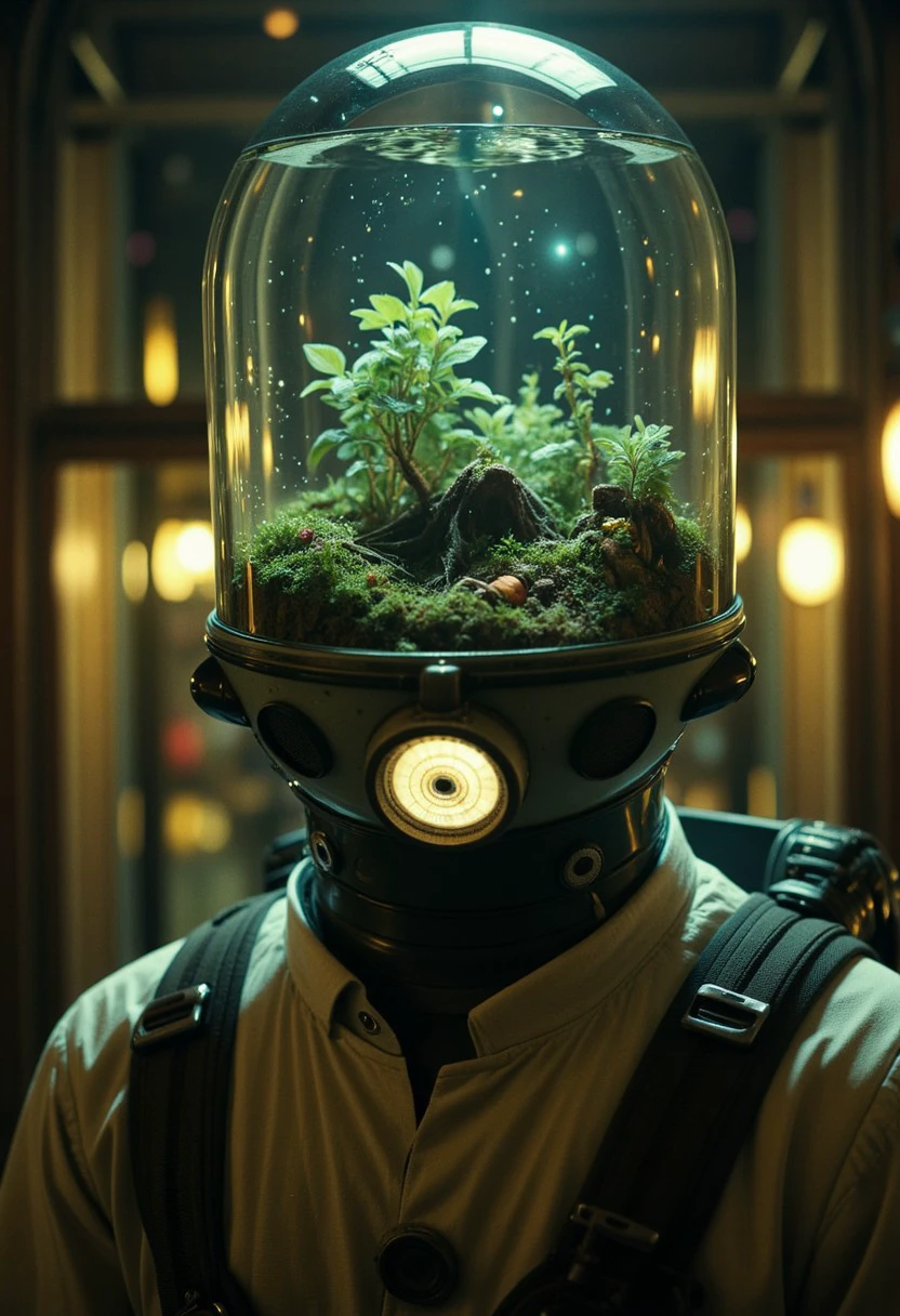 d13s3lp2nk, Upper Body Shot of a busty fishtank-head By night, high collar yellow accented outworn space suit, with a fishtank as head with a mossy Forest ground growing growing with many different small plants in a miniature universe in it throwing a beautiful volumetric light, closeup, nebula, 
atmospheric haze, Film grain, cinematic film still, shallow depth of field, highly detailed, moody, epic, atmospheric lighting, billowing cloud backdrop with volumetric lighting from within ,