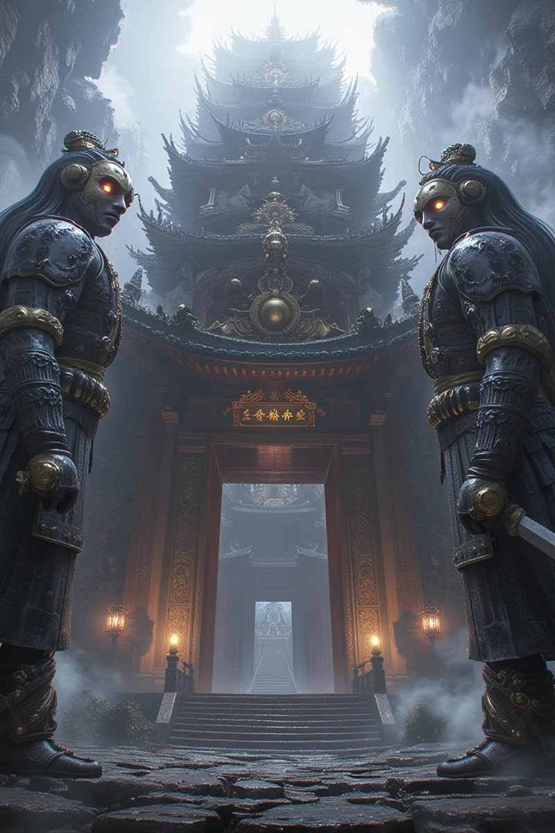 anhei,This is a highly detailed digital artwork in a dark fantasy style,A front-facing view of a majestic Asian steampunk temple,guarded by colossal statues of warriors with mechanical arms and glowing eyes. The statues are embedded with gears and brass elements,and the temple's entrance is adorned with elaborate steampunk decorations. Fog rolls in from the sides,adding an ethereal quality to the scene,hd quality,natural look,warm lighting,intricate metalwork,dramatic contrasts,serene and mystical setting,