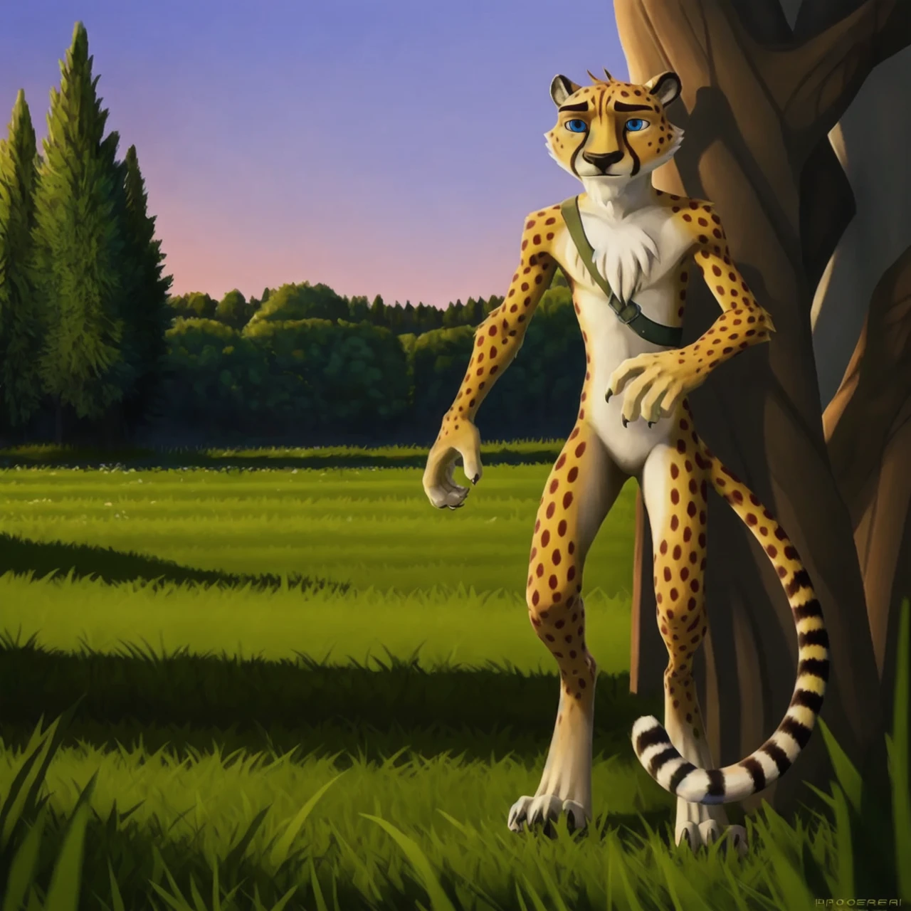 hunter, cheetah, male, yellow fur, blue eyes, eyebrows, spotted fur, long tail, white fur, chest tuft, anthro, solo, solo focus, full-length portrait, outside, grass, field, sky, trees, front view, standing, pose, claws, toe claws, rating:safe, nude <lora:Hunter_Lora:0.6>