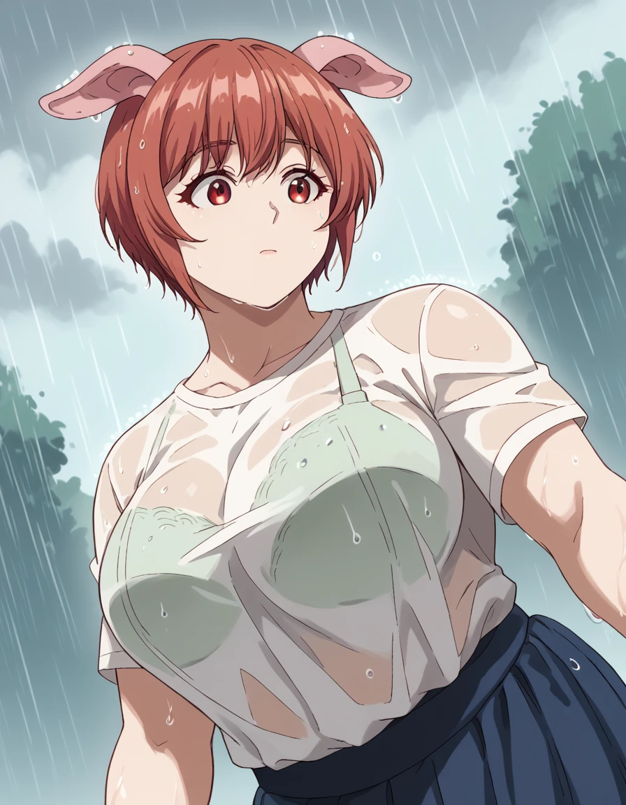 score_9, score_8_up, score_7_up, source_anime, <lora:elfsanwayaserarenai-oku-s1-ponyxl-lora-nochekaiser:1>, oku, short hair, large breasts, animal ears, red eyes, red hair,, <lora:bra-visible-through-clothes-ponyxl-lora-nochekaiser:1>, bra visible through clothes, wet shirt, wet clothes, see-through, see-through shirt, bra, bralines, wet, white shirt, bra peek, wet skirt,, outdoors, rain, cloudy, , cowboy shot, dutch angle