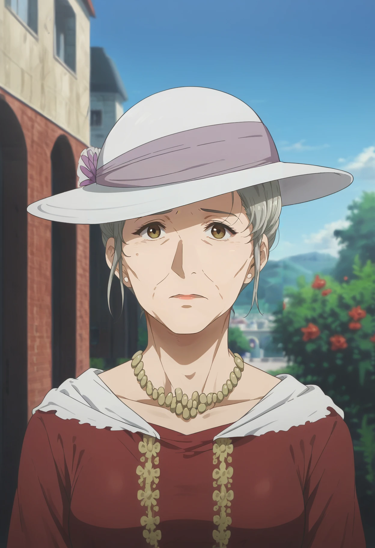 <lora:Tiffany_Evergarden-Violet_Evergarden:0.8>,Tiffany,old woman,1girl,solo,grey hair,brown eyes,red dress,hat,outdoors,looking at viewer,worried,