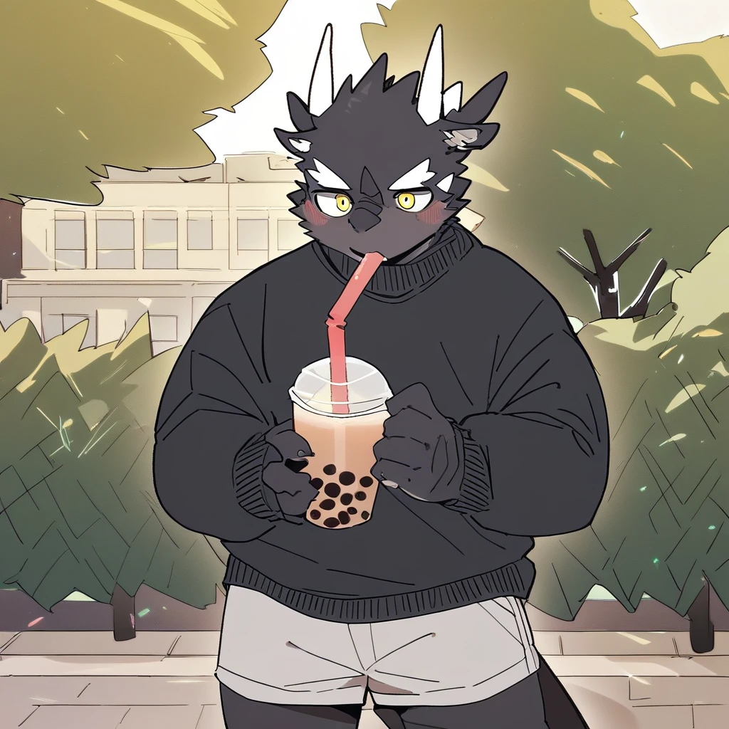 score_9_up, score_8_up, score_7_up, source_furry, mikus-style, black dragon, black body, white horns, yellow eyes, park, holding, bubble tea, black sweater, gray shorts, 1boy, solo