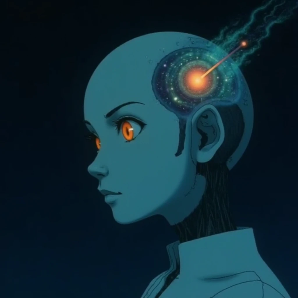 Anime screencap featuring a Minimalist and abstract side profile of a robot woman with a universe sprouting from her mind as she opens her eyes and attains consciousness for the first time in the dark. She has beautiful and intelligent bright orange eyes brimming with knowledge and benevolence. Mostly in hues of blue and green. ,<lora:lucyliu_1990s_local_flux_1_standard-000039:1>