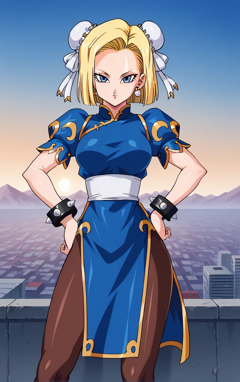 score_9, score_8_up, score_7_up, BREAK
ChunliOutfit_Android18_ownwaifu, android 18, 
1girl, blonde hair, blue eyes, earrings, forehead, short hair, straight hair,
blue dress, bun cover, china dress, chinese clothes, chun-li, double bun, hair bun, jewelry, pantyhose, pelvic curtain, sash, spiked bracelet, spikes, puffy sleeves, puffy short sleeves, short sleeves,
(contrapposto, hand on hip), sunset, sidelighting, cityscape, vanishing point, outdoors, <lora:PONYXL_DragonBall_Android18_ownwaifu:1> , depth of field, solo,