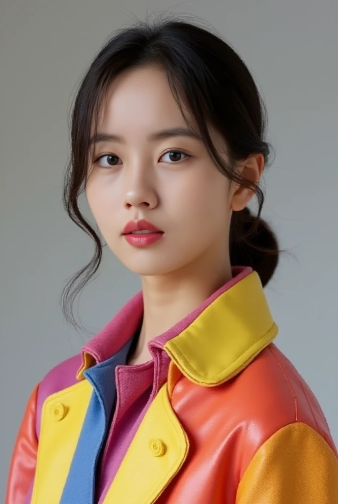 <lora:Kim_Sohyun_Flux:1> $0hyun, masterpiece, best quality, a korean  woman with a colorful coat and makeup looks at the camera with a serious look on her face and shoulder, Annabel Eyres, colourful, a pastel, fauvism