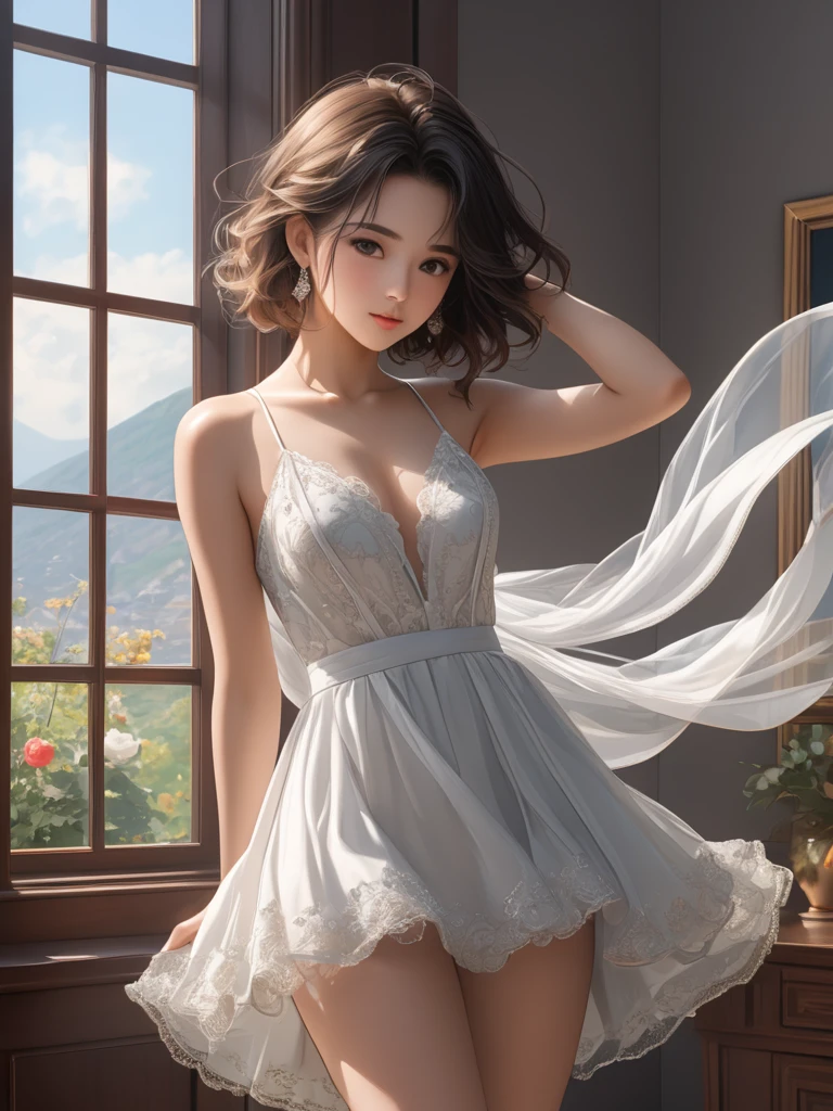 Low Leg、Low rise、Fearful expression、(((Realistic images)))、Translucent white skin、White camisole、((girl&#39;The upper body is visible))、the skin is transparent、Make the expression more realistic、thin, soft and smooth hair、Highlight wrinkles in clothing、Highest quality、High resolution、Extremely detailed 8K、 (Ultra HD、Very detailed、Very detailed、とてもRealistic、Ultra-realistic、Realistic)、One Girl、One thumb、View 4 books、The underwear you are wearing is very soft and pleasant to the touch....、Stagnation、スリムな体を持つ美しいgirl、Waist-length platinum blonde hair、Grey Eyes、My Room、Chic monochrome room、Foliage plant