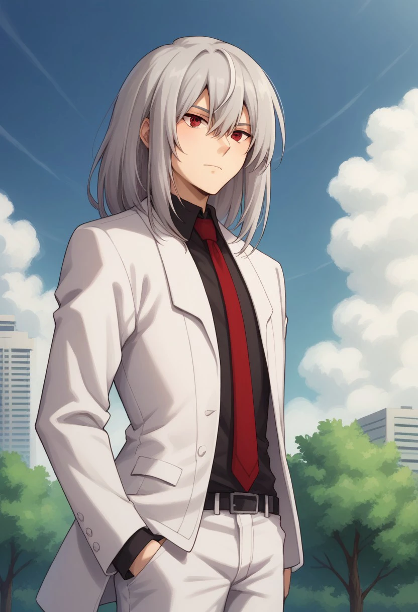 score_9, score_8_up, score_7_up, source_anime, highly detailed, 
koujibu, 1boy, male focus, solo, grey hair, long hair, red eyes, formal, suit, white suit, shirt, collared shirt, black shirt, necktie, red necktiem, jacket, white jacket, pants, white pants, upper body,
outdoor, sky, tree, cloud,