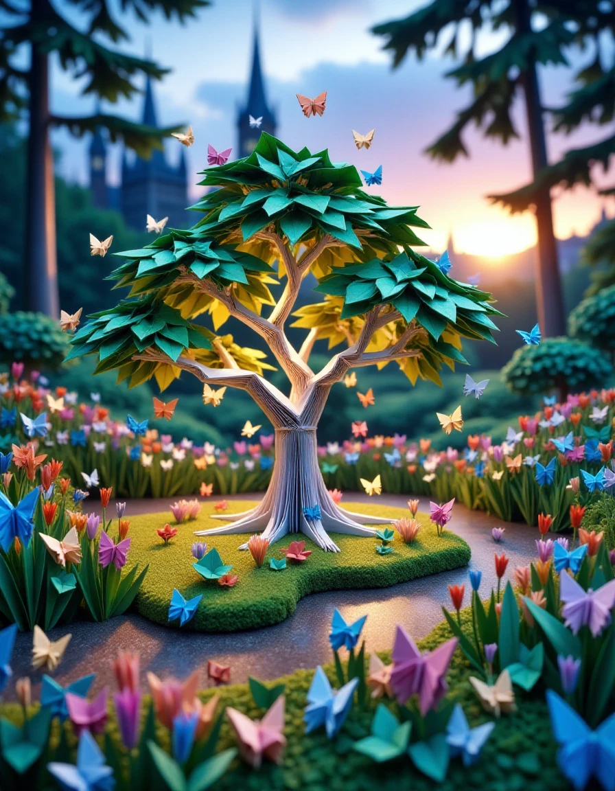 A delicate origami butterfly garden, where hundreds of tiny paper butterflies in every shade imaginable flutter above flowers made of soft, pastel paper. Ral-orgmi, a small, glowing origami tree, stands in the center, its branches filled with fluttering paper creatures, creating a kaleidoscope of colors against the twilight sky.
<lora:ral-orgmi-flux:1>