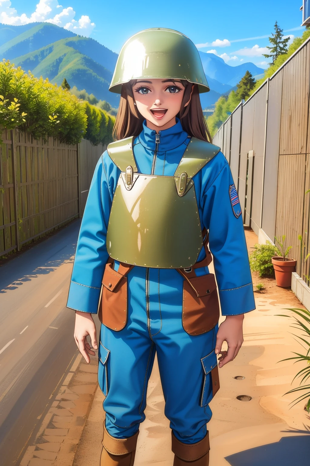 masterpiece,best quality,1girl,standing,helmet,armor,ww1ita, <lora:WW1ITA:0.9>,military uniform,happy,:d,outdoors