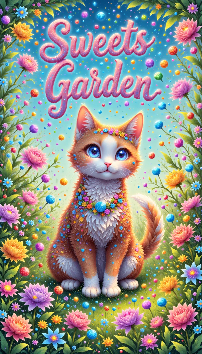 p1nkcut3c4ndy, candies, text: ("Sweets Garden":1.1),  A charming, whimsical portrait of a cat surrounded by delicate flowers and sparkling dewdrops on a sunny meadow, text: "Sweets Garden" made by colorful candies