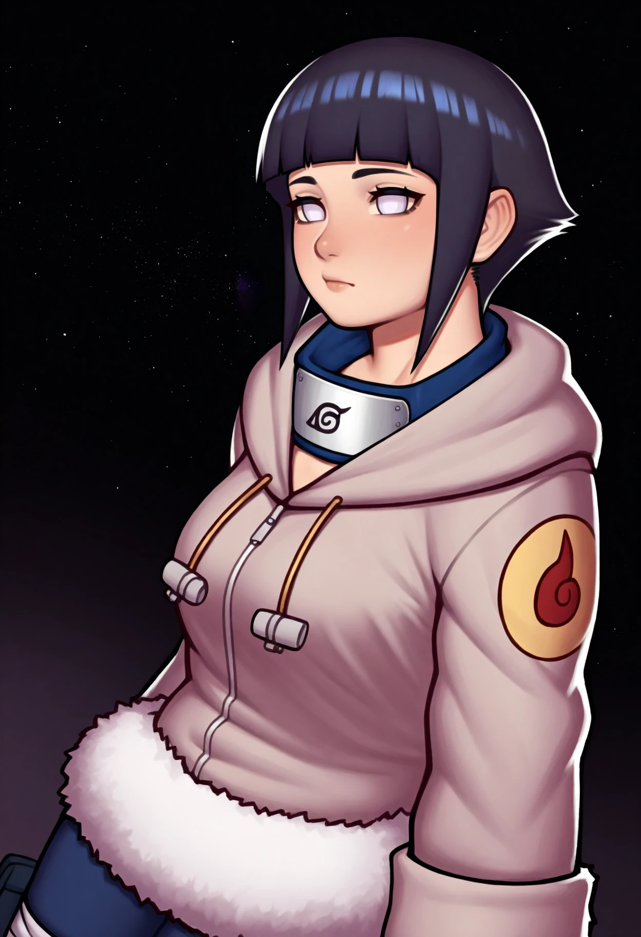 asura (asurauser),
(black background, dark, galaxy background:1.5),
masterpiece, best quality, very aesthetic, absurdres BREAK
1girl, hyuuga hinata, short hair, black hair, no pupils, blunt bangs, shiny hair, white eyes, forehead protector, konohagakure symbol,
hoodie, hood down, long sleeves, capri pants, <lora:HinataGeninIllustriousXL_byKonan:1>