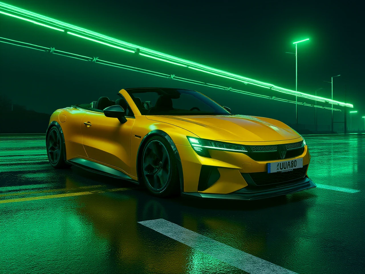 <lora:uai_RenaultStyle_v104:1>
A sports cabrio designed by Renault that seamlessly blends futuristic aesthetics with raw performance, reflecting the brandâs latest design language. The carâs body is low and wide, painted in Renault's classic sport yellow color with iridescent green accents that catch the light as the coupe moves. The new Renault logo sits boldly on the front, framed by razor-thin LED headlights that extend into the fenders, giving the car a futuristic, predatory appearance. The smooth lines of the body are punctuated by sharp creases, particularly along the sides, where air intakes are integrated seamlessly into the design for enhanced aerodynamics. The rear is muscular, with a pronounced diffuser and dual trapezoidal exhausts that emit a soft, rumbling growl. The 21-inch multi-spoke wheels feature a brushed aluminum finish, adding a high-tech touch to the car's profile. Imagine this coupe speeding through a neon-lit urban landscape, the lights reflecting off its glossy surface, showcasing the power and sophistication of Renaultâs high-performance engineering.
Nameplate writes "16 UFU 80".