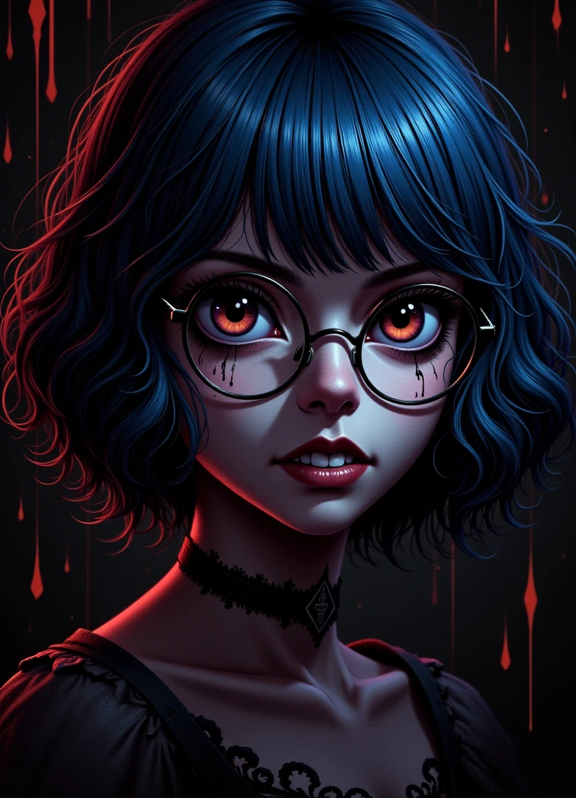 Young woman with short, wavy midnight blue hair wearing glasses and having teeth, surrounded by dark and creepy atmosphere with vibrant quinacridone red orange aquatic blood splatters in the background.