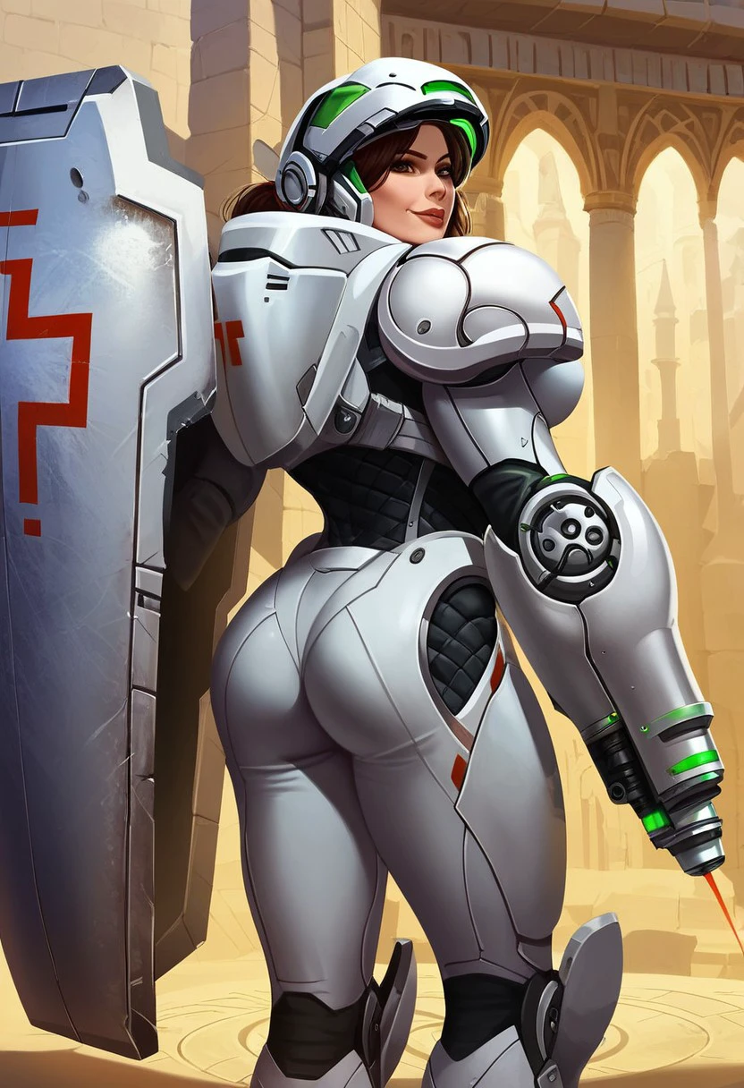 Lt.Morales,1girl,solo,medic,power armor,helmet,armor,brown hair,brown eyes,shield,arm cannon,power suit,lips,
seductive pose,dat ass, 
score_9, score_8_up, score_7_up, beautiful aesthetic, very intricate, high quality details,vibrant, highly detailed, award-winning, professional,anime artwork, anime style, studio anime, athletic, toned female,muscular milf,curvy body, athletic girl,fit girl, ,looking at viewer, pinup pose,teasing, dynamic lighting, cinematic, smug, better than you, aura of temptation, highly detailed, high resolution, masterpiece, detailed clother, detailed background, highly detailed, ((sound effects)) comic layout,