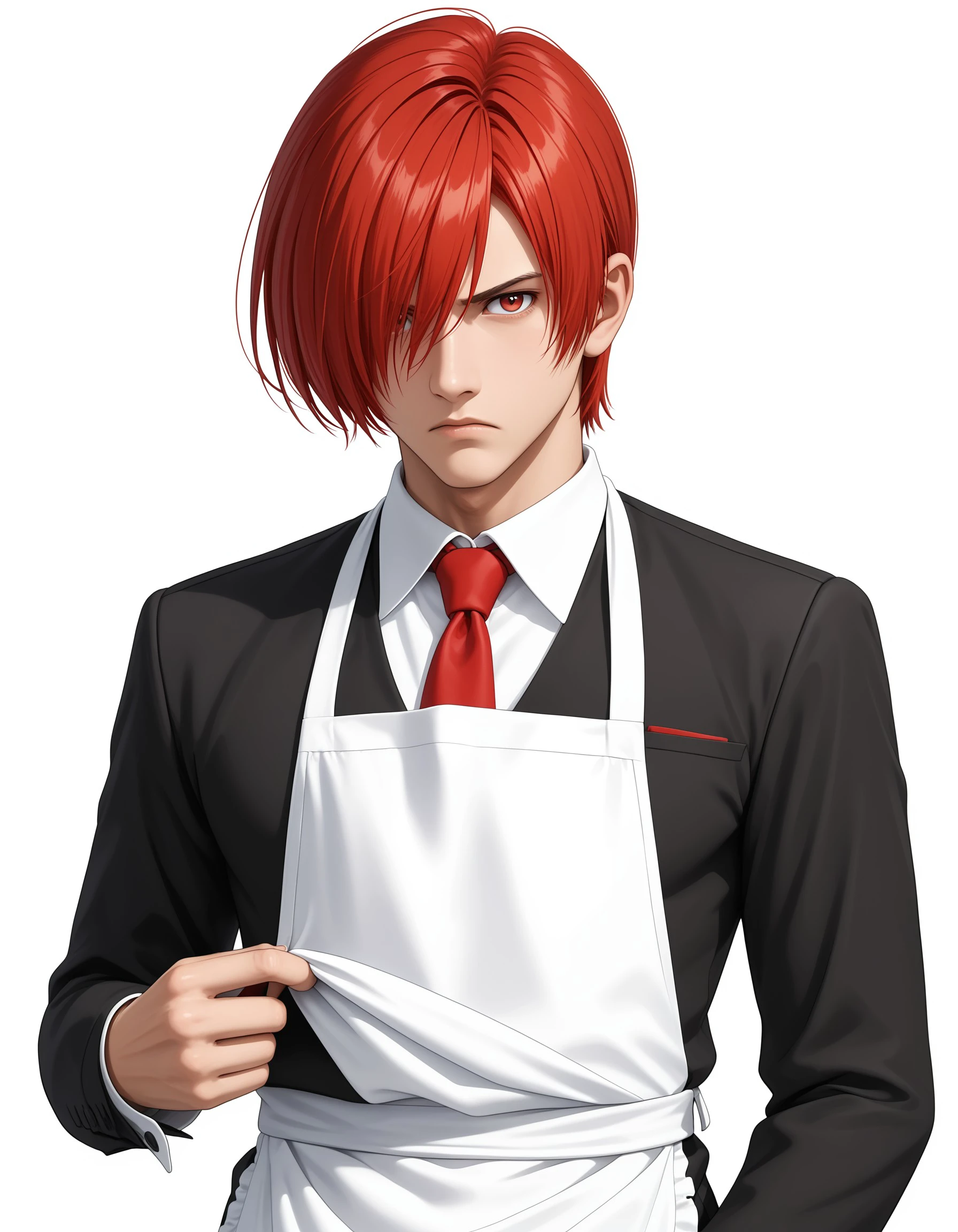 (masterpiece), best quality, expressive eyes, perfect face, iorikof, solo, simple background, shirt, red eyes, long sleeves, 1boy, white background, upper body, male focus, red hair, necktie, hair over one eye, apron, frown, red necktie, adjusting clothes, <lora:fd69ca1b-ce37-4e50-ba07-8d05b6cf87a1:0.7>