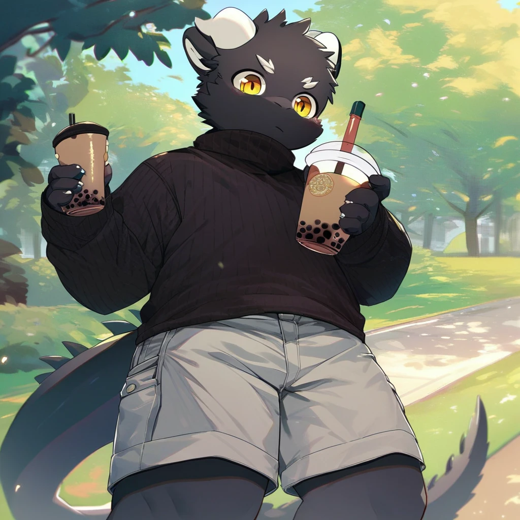 score_9_up, score_8_up, score_7_up, source_furry, mikus-style, black dragon, black body, white horns, yellow eyes, park, holding, bubble tea, black sweater, gray shorts, 1boy, solo