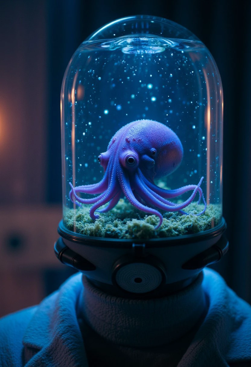 Upper Body Shot of a busty fishtank-head By night, high collar bathrobe, with a fishtank as head with a SWarm of many Neon luminous little stars and a Smiling purple octopus floating in a miniature universe in it throwing a beautiful volumetric light, closeup, nebula, 
atmospheric haze, Film grain, cinematic film still, shallow depth of field, highly detailed, moody, epic, photorealistic, atmospheric lighting, billowing cloud backdrop with volumetric lighting from within ,