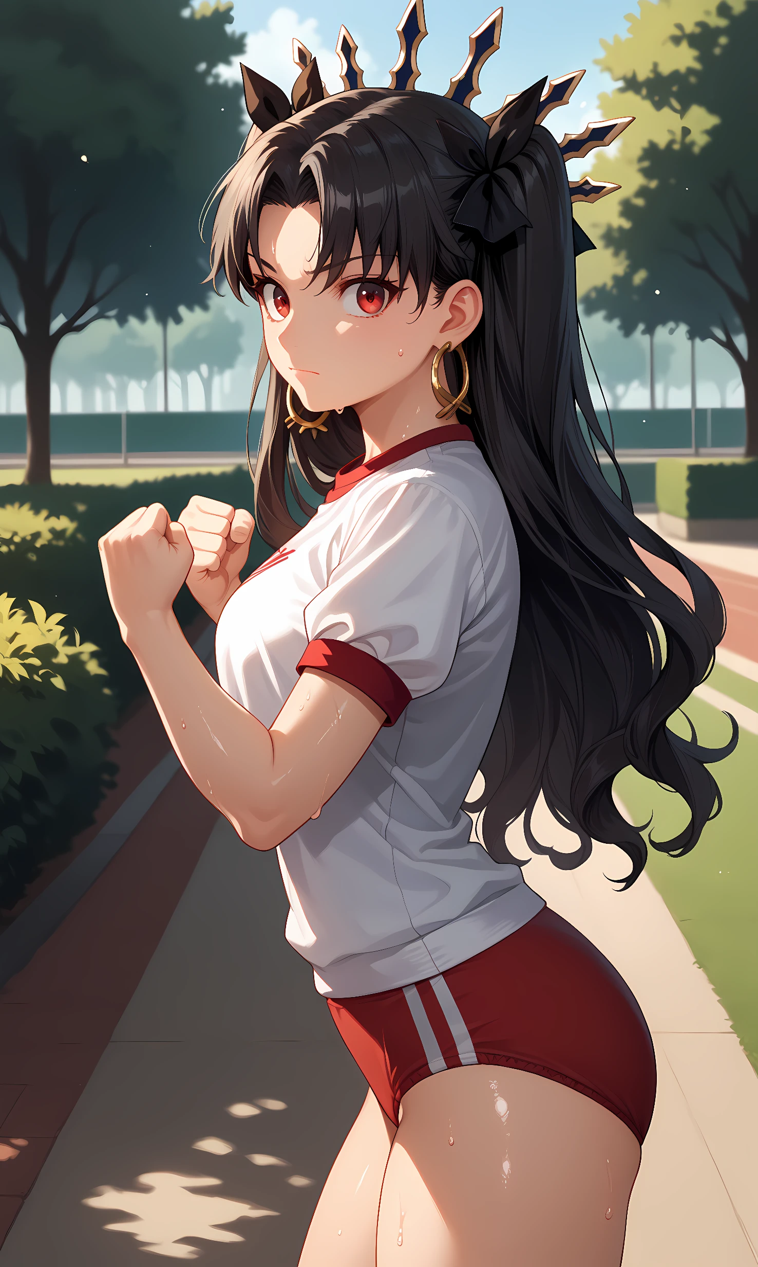 score_9, score_8_up, score_7_up, source_anime, 1girl, solo, outdoors, park, cowboy shot, standing, looking at viewer, shiny skin,ishtar, red eyes, black hair, long hair, two side up, parted bangs, black ribbon, hair ribbon, tiara, hoop earrings, jewelry, white shirt, short sleeves, gym uniform, red buruma, sweat, from side, closed mouth