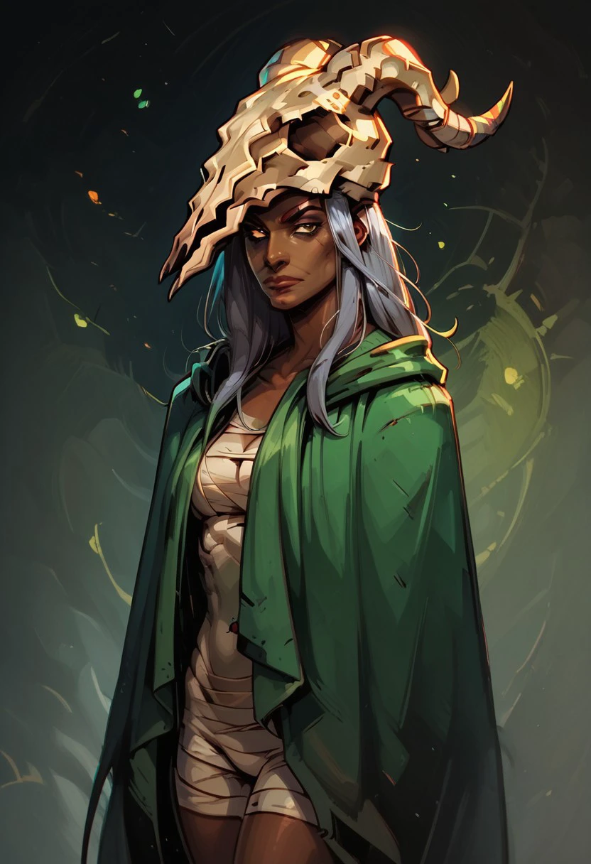 score_9, score_8_up, score_7_up, NHstyle, BREAK, 1girl portrait, thesilent, grey hair, dark skin (skull:1.3), green cloak, bandages, midriff, bandaged legs