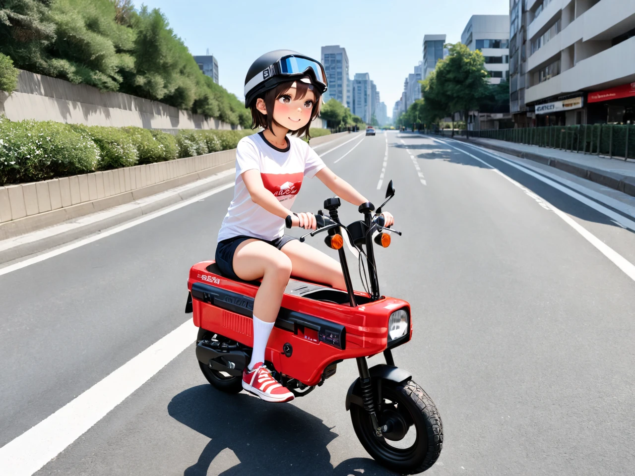 best quality, very aesthetic, absurdres, high resolution, ultra detailed, detail,
1girl, young girl, round face, down-turned eyes, very short hair, small breast, hair clip on front, smile,
black helmet with goggle, white graphic t-shirt, short pants, socks, shoes, random pose, 
riding red body motocompo,
outdoors, road, urban city,
shot from afar, wide shot, ultra photo realistic, 
mas motocompo, <lora:motocompo_red_anmg31_sdxl_r2:1>,