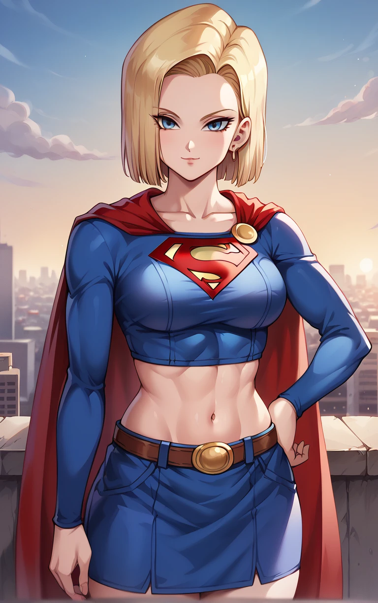 score_9, score_8_up, score_7_up, BREAK
SuperGirlOutfit_Android18_ownwaifu, android 18, 
1girl, blonde hair, blue eyes, collarbone, forehead, short hair, straight hair, medium breasts,     eyelashes, hair strand, 
red cape, superhero, belt, blue shirt, blue skirt, crop top, cropped shirt, long sleeves, midriff, navel, cape, groin, miniskirt, stomach,
(contrapposto, hand on hip), sunset, sidelighting, cityscape, vanishing point, outdoors, <lora:PONYXL_DragonBall_Android18_ownwaifu:1> , depth of field, solo,