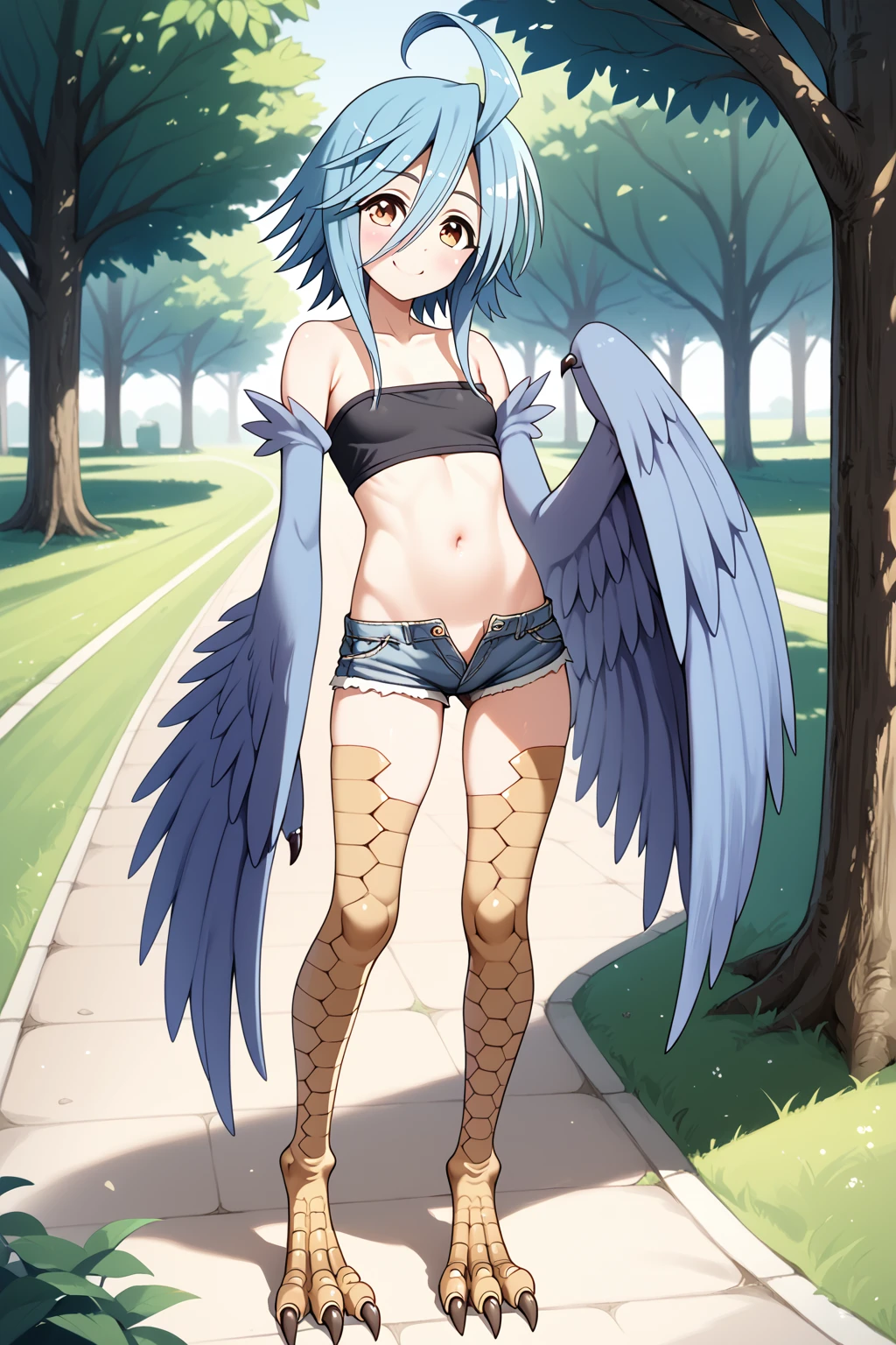 ((highest quality)), ((masterpiece)), (be familiar with), perfect face, Monster girl, (((Hands are wings))), ((hands become wings)), (((bird's feet))), (((bird legs))), smile, teal hair, (((((sex))))), penis into pussy, forest, woman on top, (spread legs), ((faceless male)), (((scattering sweat))), from front