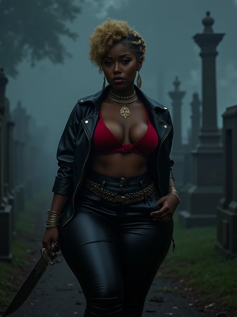 melanin,Masterpiece, Nigerian woman , african girl, darkskin, hazel eyes, big eyes, (((short blonde curly hair,)), ((braided hair on sides)) , tattoo on arm, (((wide hips)))), ((semi muscular body)), 1girl, huge breasts, sagging breasts, wide hips, massive round ass, thin waist, earrings, choker, eyelashes, makeup,1girl, realistic, wearing a black leather jacket, red bra, black leather pants, huge studded belt, holding a large hunting knife in one hand, side profile, looking at the viewer in a New Orleans cemetery at night, gravestones, mausoleums, foggy night, look of anger on her face OverallDetail, large breast, DonMN1gh7XL, in the fog, melanin, dynamic sexy pose, ((large knife in hand))