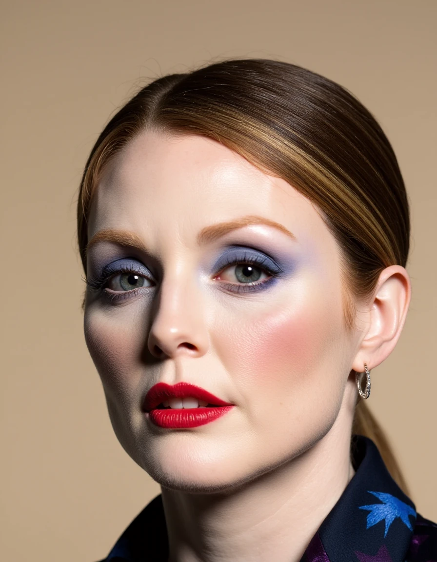 This is a high-resolution photograph of a young woman with a striking makeup look. She has fair skin and a symmetrical face with a strong, defined jawline. Her eyes are large and almond-shaped, accentuated with dramatic, blue eyeshadow that transitions into a darker shade near the lash line, creating a smoky effect. Her eyelashes are long and thick, enhanced with mascara. Her eyebrows are well-groomed and dark, adding to the intensity of her gaze. 
Her lips are full and painted a bold, vibrant red, with a glossy finish. She has a slight blush on her cheeks, adding a touch of natural color. Her hair is slicked back, with a hint of blue and purple highlights, giving it a modern, edgy look. She is wearing a patterned jacket, likely made of a soft fabric, with a texture that contrasts with her smooth, flawless skin. The background is a plain, gradient beige, which keeps the focus on her face and makeup. The overall style of the image is contemporary and fashion-forward, highlighting the artistry of her makeup and her striking appearance.,Julianne Moore, <lora:Julianne_Moore_Flux_V1:1>