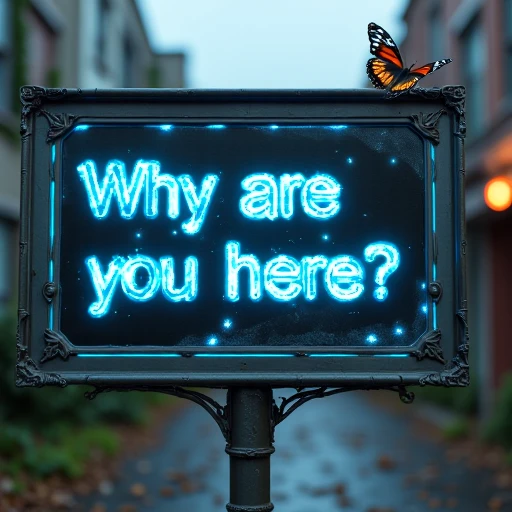 A sign in a dystopian city that reads in holographic text: "Why are you here?" with a butterfly flying in front of it