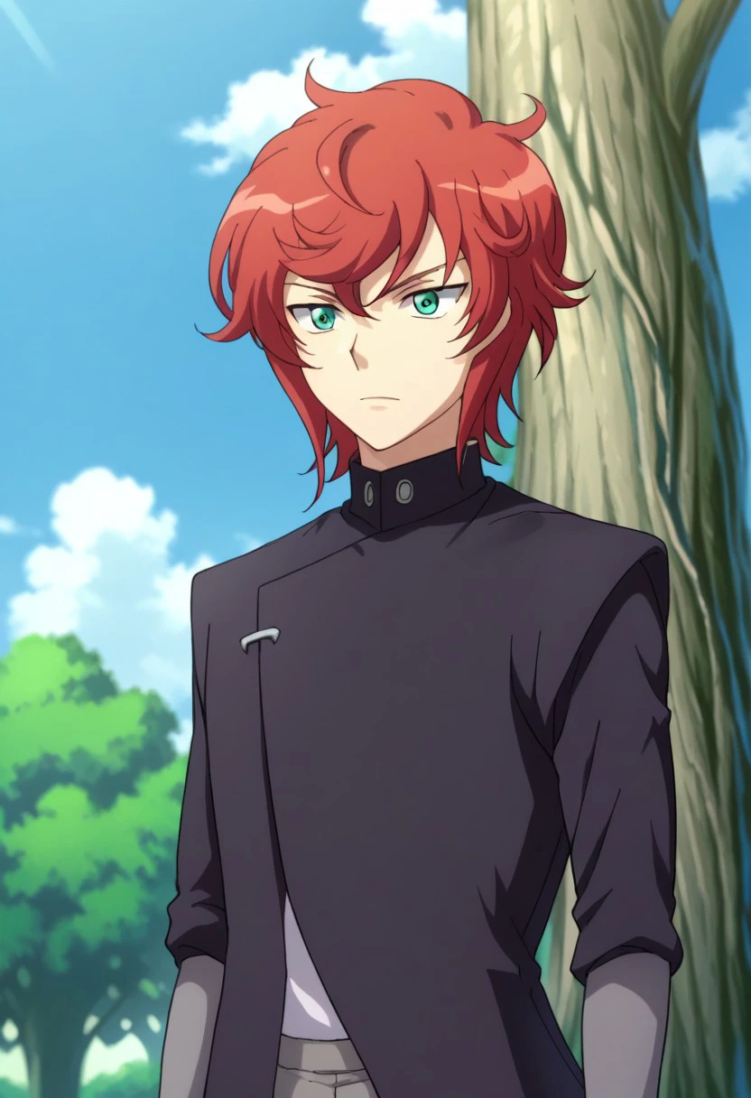 score_9, score_8_up, score_7_up, source_anime, highly detailed, 
satoru, 1boy, male focus, solo, red hair, short hair, green eyes, jacket, black jacket, pants, grey pants, upper body,
outdoor, sky, tree, cloud,