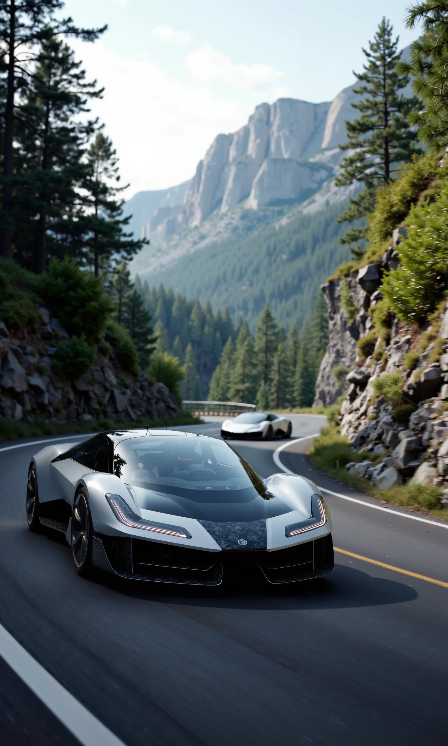 a picturesque mountain road, a futuristic car with a sleek, black and silver color scheme dominates the scene. The car's low and wide stance gives it a powerful presence as it grips the winding road, with dramatic body lines that enhance its aerodynamic profile. The aggressive front fascia features distinctive, high-tech lighting that cuts through the scenery, adding a futuristic edge to the vehicle’s design.

The multi-spoke alloy wheels spin rapidly as the car tears through the forested landscape, with visible carbon fiber elements shimmering under the sunlight. The car’s sleek manufacturer's emblem sits proudly on the nose, reflecting the vehicle's high-performance, cutting-edge design. The surrounding nature—lush green trees, rocky walls, and towering mountains—provides a stunning backdrop that contrasts sharply with the modern, futuristic look of the car. In the distance, another car follows closely, but the black and silver futuristic car leads the charge, carving through the road with precision and style