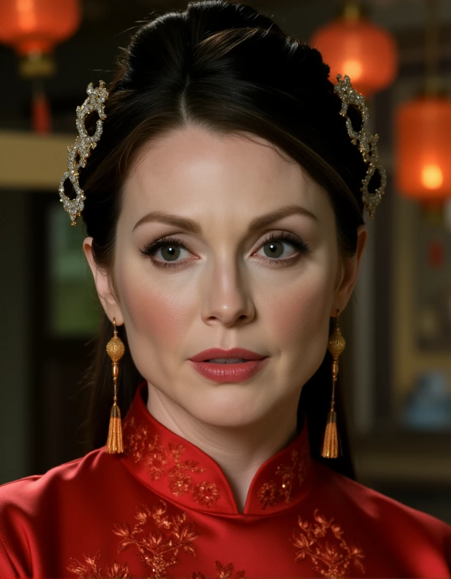 The image is a photograph of a woman with an elegant and refined appearance. She has a fair complexion and is of East Asian descent. Her dark hair is styled in an elaborate updo, adorned with ornate hair accessories featuring intricate designs and possibly gold or silver elements. She is wearing a traditional red dress with intricate embroidery, suggesting a formal or ceremonial occasion. Her makeup is subtle yet sophisticated, with a focus on accentuating her natural features, including well-defined eyebrows, dark eyeliner, and a hint of red lipstick. She is wearing long, dangling earrings that add a touch of elegance to her attire.
The background is slightly blurred, suggesting a depth of field effect, but it appears to be a dimly lit room with warm tones, possibly indicating a traditional or historical setting. The blurred background elements include what might be traditional Chinese lanterns or other decorative items, adding to the cultural ambiance of the scene. The overall atmosphere of the photograph is one of grace and sophistication, emphasizing the woman's cultural heritage and traditional attire.,Julianne Moore, <lora:Julianne_Moore_Flux_V1:1>