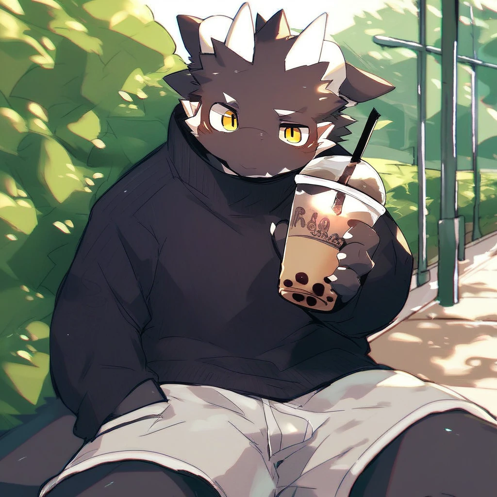 score_9_up, score_8_up, score_7_up, source_furry, mikus-style, black dragon, black body, white horns, yellow eyes, park, holding, bubble tea, black sweater, gray shorts, 1boy, solo