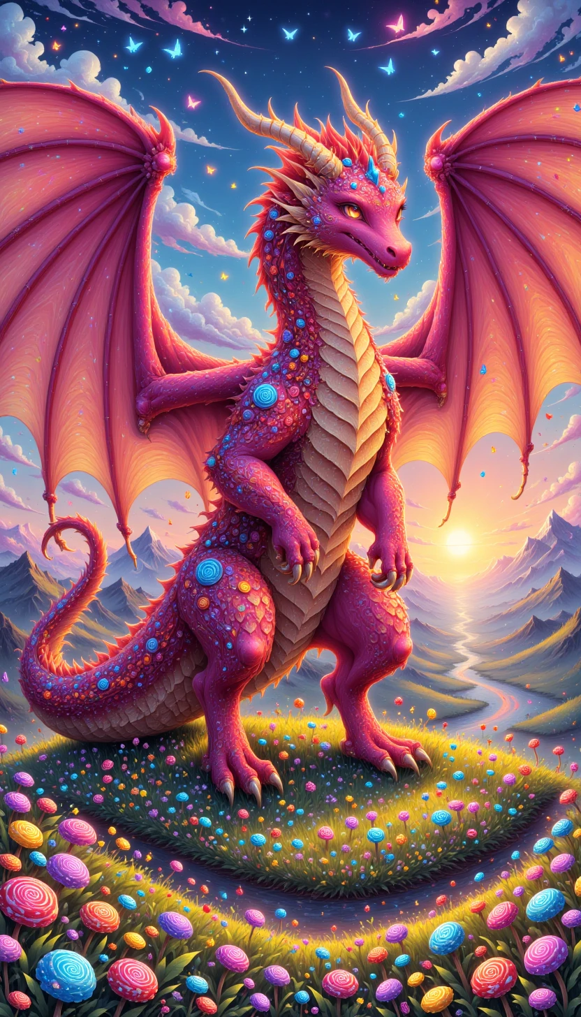 p1nkcut3c4ndy, candies, As morning sunrises, a magnificent dragon spreads its wings and takes to the skies, casting a warm glow across the landscape below