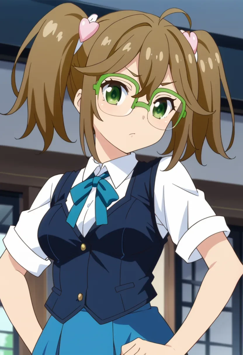 score_9, score_8_up, score_7_up, score_6_up,
source_anime, masterpiece, anime screencap,

1girl, solo,

Sakura Meifon, high twintails, green eyes, brown hair, twintails, green-framed eyewear, glasses, school uniform,

