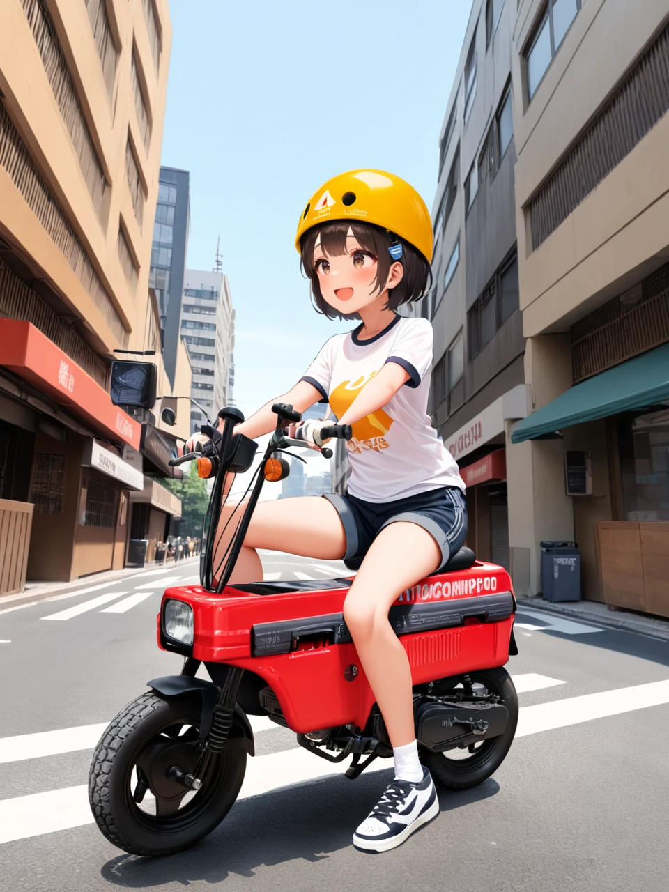 best quality, very aesthetic, absurdres, high resolution, ultra detailed, detail,
1girl, young girl, round face, down-turned eyes, very short hair, small breast, hair clip on front, smile,
helmet, graphic t-shirt, short pants, socks, shoes, random pose, 
riding yellow motocompo,
outdoors, road, urban city,
shot from afar, wide shot,
mas motocompo, <lora:motocompo_red_anmg31_sdxl_r2:1>,