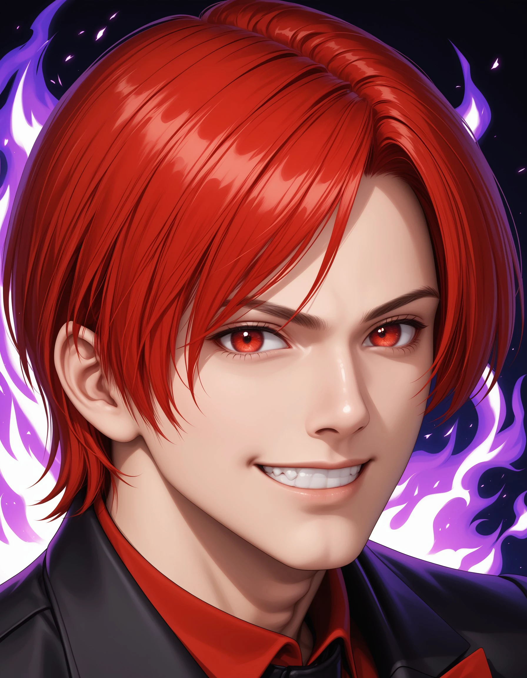 (masterpiece), best quality, expressive eyes, perfect face,iorikof, solo, looking at viewer, smile, red eyes, long sleeves, 1boy, upper body, male focus, red hair, hair over one eye, grin, fire, pyrokinesis, purple fire, <lora:fd69ca1b-ce37-4e50-ba07-8d05b6cf87a1:0.7>