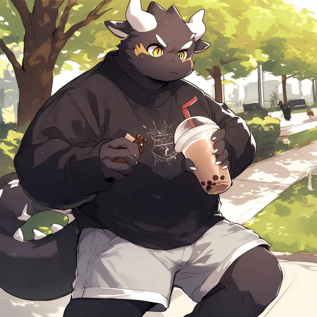 score_9_up, score_8_up, score_7_up, source_furry, mikus-style, black dragon, black body, white horns, yellow eyes, park, holding, bubble tea, black sweater, gray shorts, 1boy, solo