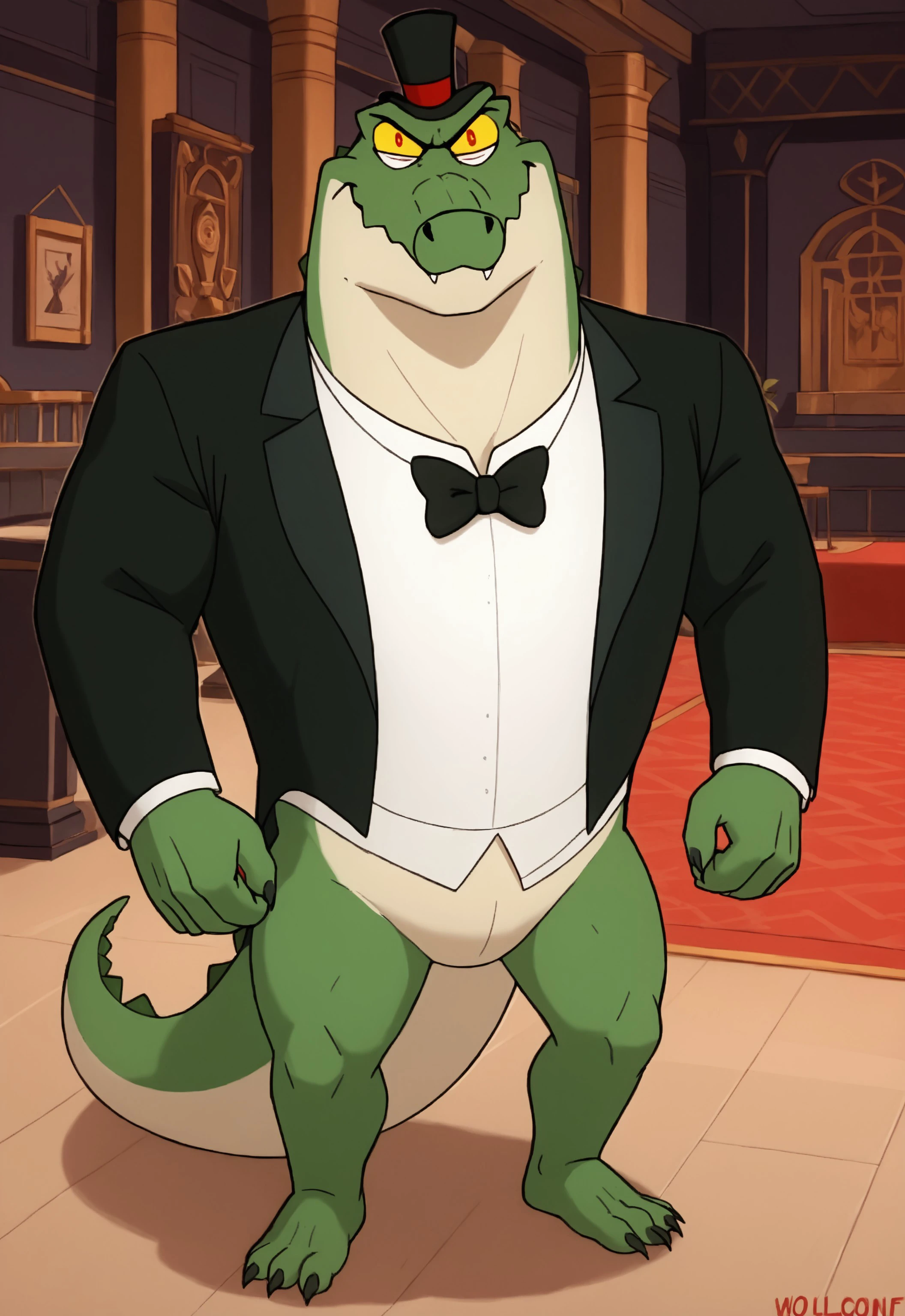 safe_pos, safe_pos, score_9, score_8_up, rating_nsfw, ultra hd, absurdres, best quality, best aesthetic, masculine, solo, 1boy, male focus, perfect proportions, erotic, mature male, coloured,

HSRBossStone, crocodile, anthro, bowtie, tuxedo, top hat, suit, open eyes, WolfConF, Expressiveh,