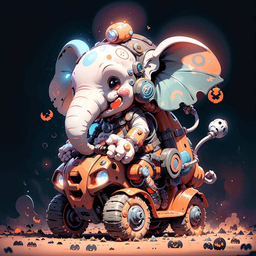 (elephant:1.2),(halloween:1.2),in the cartoon style,with futuristic elements,an orange and white color scheme,with a sci-fi feel,(at a high resolution),with detailed textures,(laughing:1.6),full body,space,<lora:last-000006:0.8>,