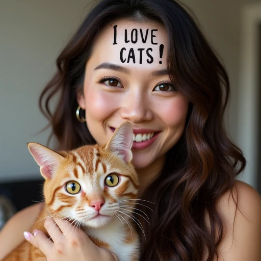 a photo of a woman smiling, holding a cat with text in her hair that reads: "I love cats!"