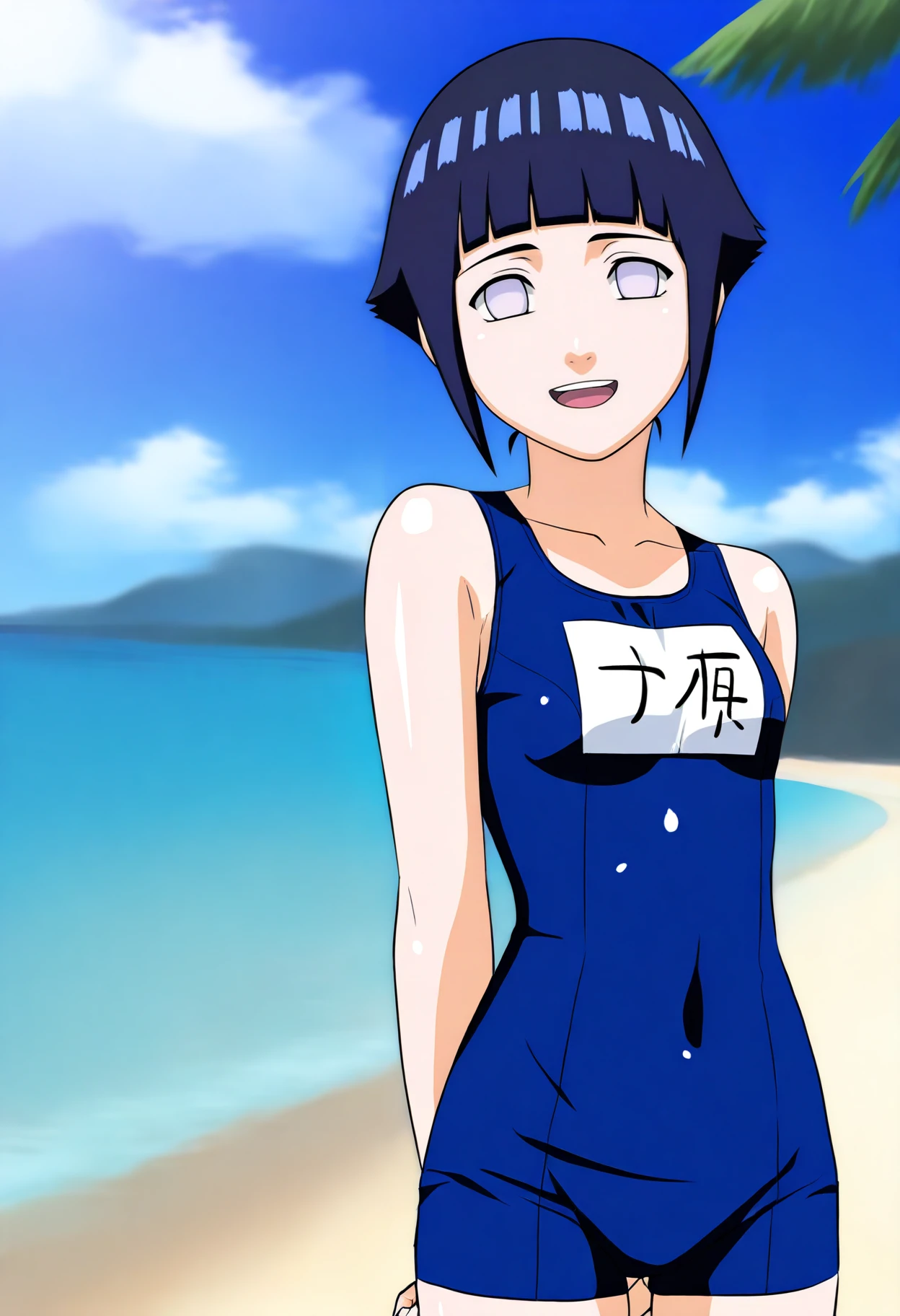 masterpiece, best quality, very aesthetic, absurdres BREAK
1girl, hyuuga hinata, short hair, black hair, no pupils, blunt bangs, shiny hair, white eyes,
arms behind back, blue onepiece school swimsuit, name tag, 
open mouth, smile, happy, solo, looking at viewer, sea, sand, blue sky, tropical island background   <lora:HinataGeninIllustriousXL_byKonan:1>