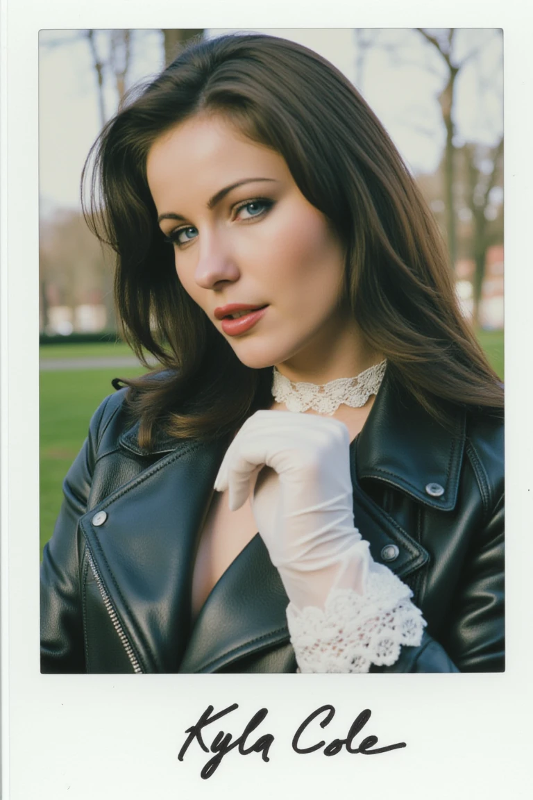 A photo shot on a polaroid with black tone film, It's a portrait of the gorgeous woKylc0l301 she has long dark brown hair, and piercing blue eyes. She is looking at the viewer with a straight face. She wears a elbow-length white lace gloves, white lace choker and a closed black leather jacket. She is in a park with blurry background making the focus on the subject.The photo is highly detailed and presents some film grain making the photo more artistic and realistic. The picture has a signature made with a black pen that reads "Kyla Cole"