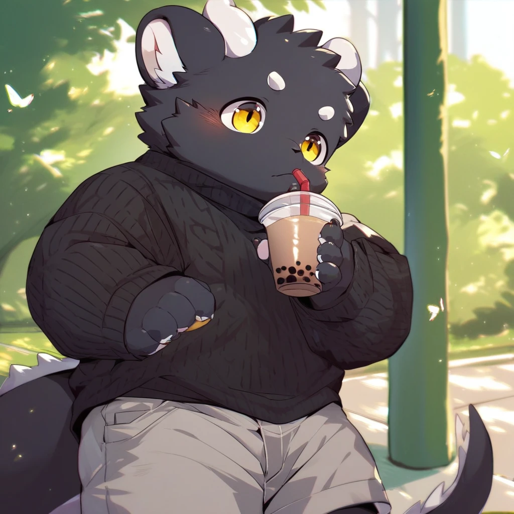 score_9_up, score_8_up, score_7_up, source_furry, mikus-style, black dragon, black body, white horns, yellow eyes, park, holding, bubble tea, black sweater, gray shorts, 1boy, solo