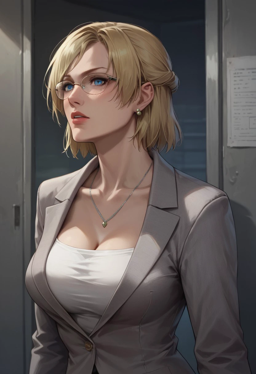 score_9, score_8_up, score_7_up, score_6_up, source_realistic, BREAK 1girl, solo, Jessie, Blonde, short hair, half updo, blue eyes, glasses, earrings, necklace, big breasts, grey suit jacket, grey skirt, white shirt