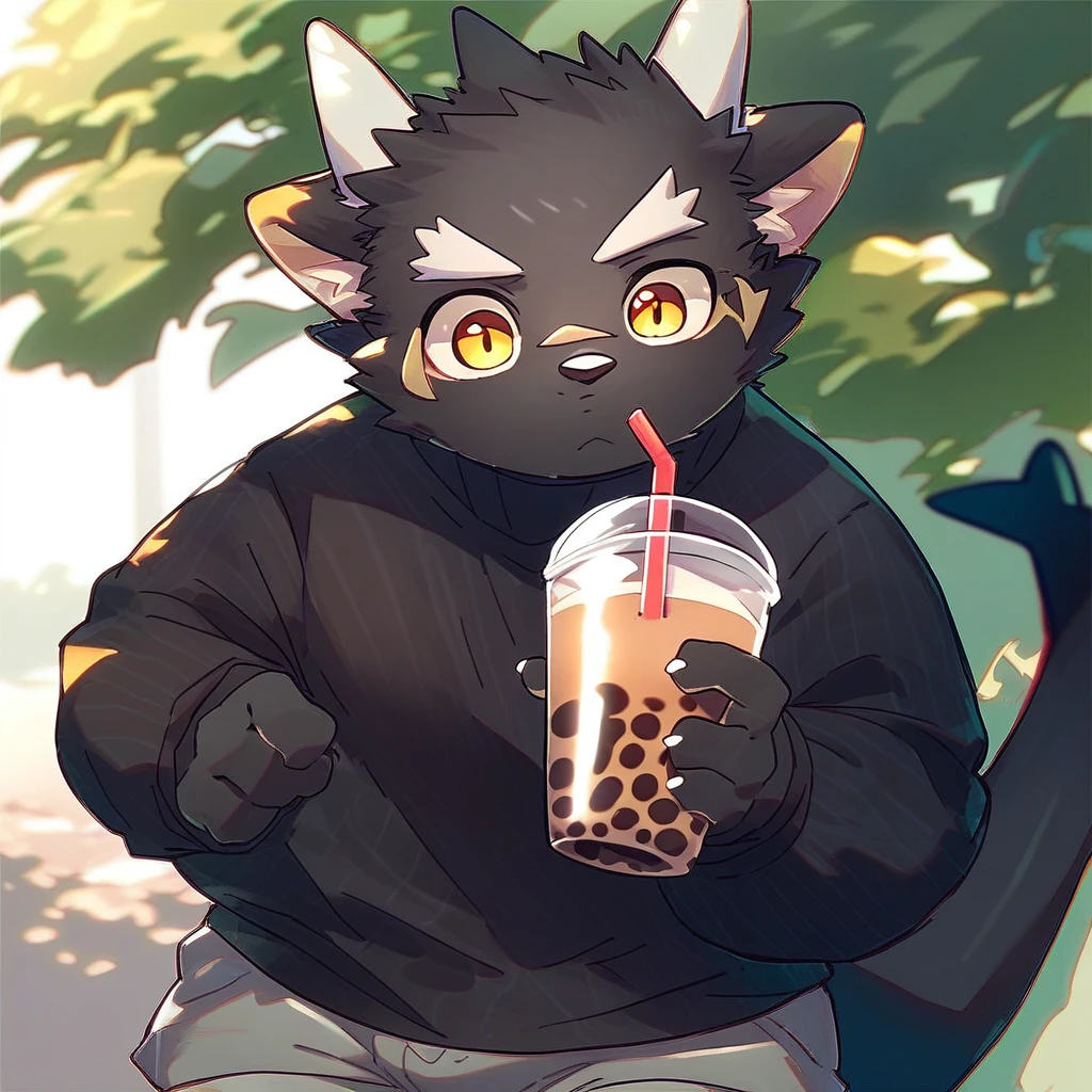 score_9_up, score_8_up, score_7_up, source_furry, mikus-style, black dragon, black body, white horns, yellow eyes, park, holding, bubble tea, black sweater, gray shorts, 1boy, solo