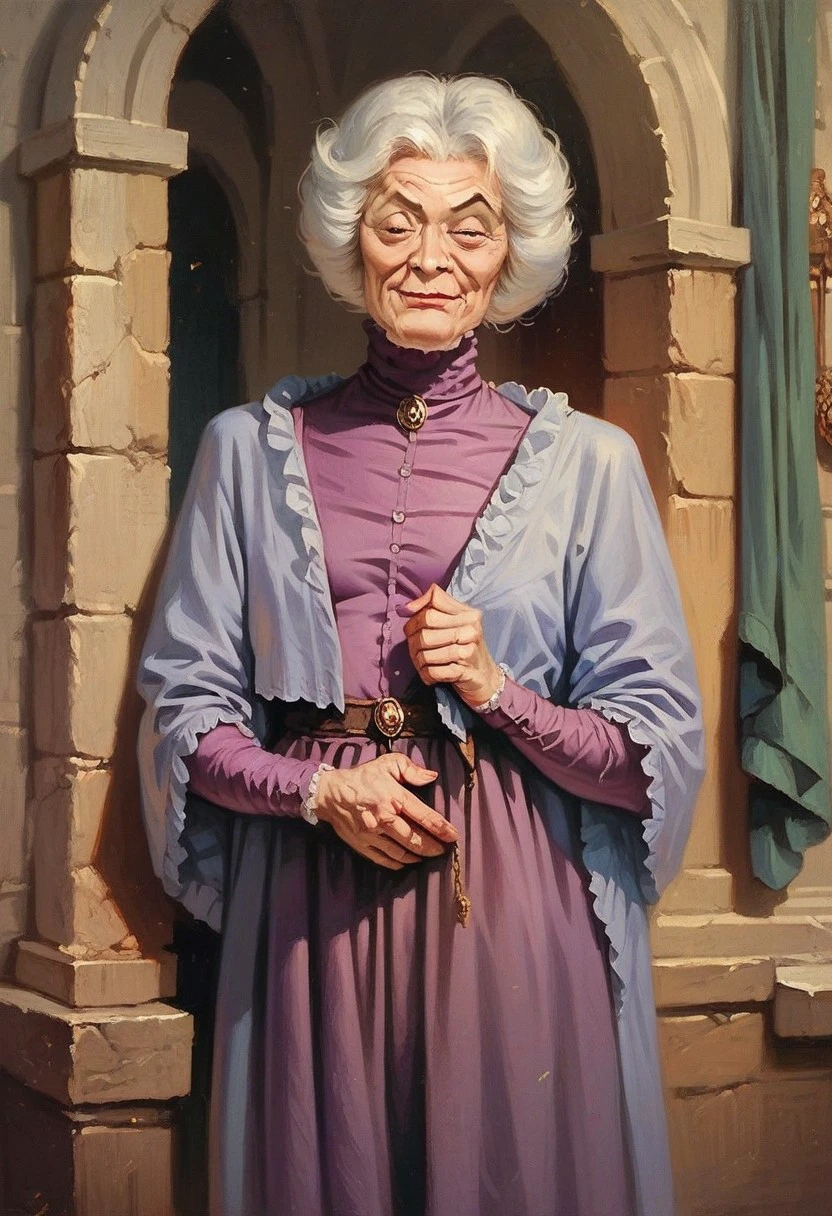 Score_9_up, score_8_up, score_7_up, score_6_up, 1girl, solo, agatha_H, old woman, white hair, purple dress, standing in an old mansion, sly smile, (realistic), (painted art)