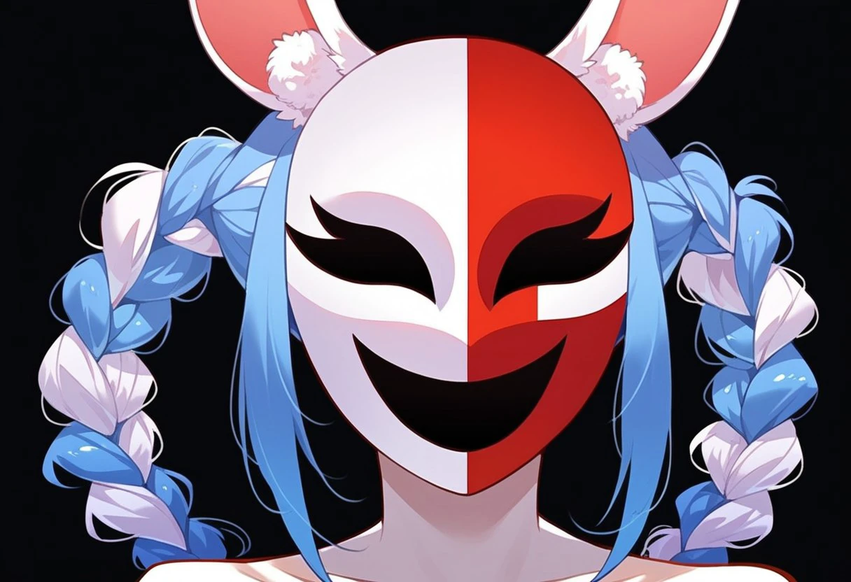 score_9, score_8_up, score_7_up, Expressiveh, masterpiece, best quality, highly detailed, realistic, (zPDXL3), 1girl, solo, (UsadaPekora, rabbit ears, two-tone hair, blue hair, white hair, long hair, twin braids, masked, masked face) (PhantoMK, mask, white mask, red mask, two tone mask, smile, hollow, hollow eyes), face only, close-up, black background, simple background, uncensored